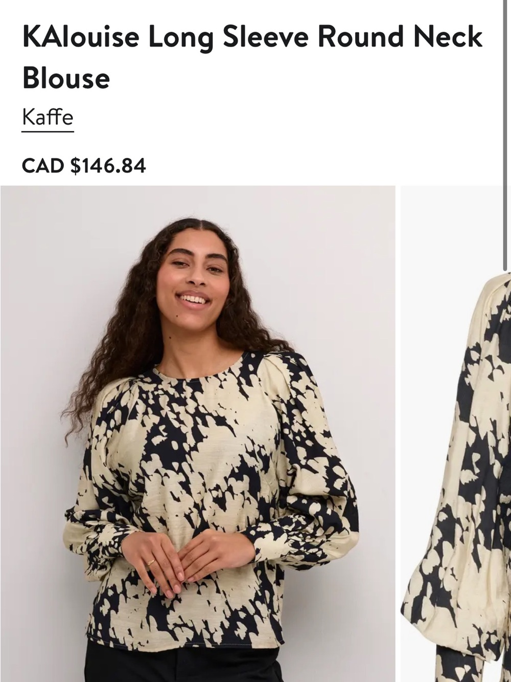 Kaffe Scandinavian Designer Black and Cream Abstract Print Long-Sleeve Blouse - Picture 7 of 8